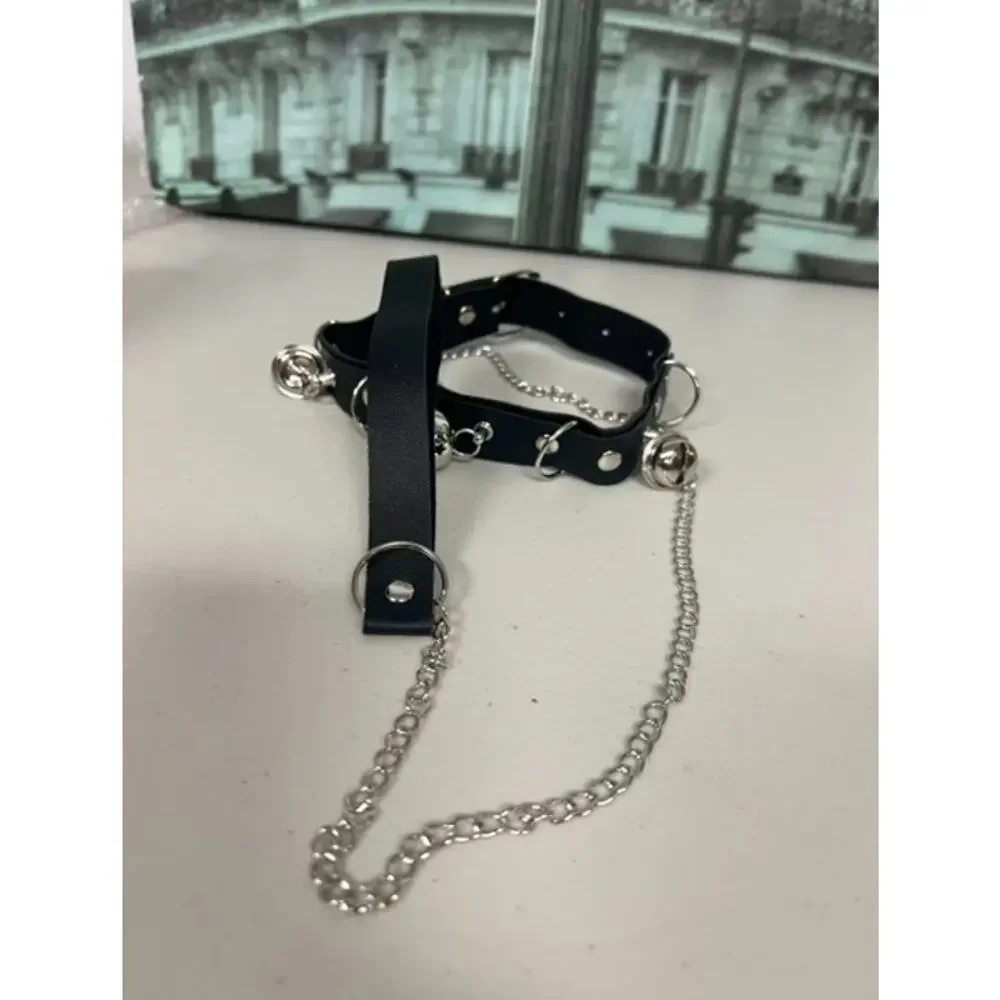 Punk Goth Black PU Leather Choker Collar with Bells and Leash Set